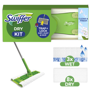 Swiffer Dry Kit, zestaw do czyszczenia podłóg: zielony mop, 8 suchych i 3 mokre ściereczki, widok całości.