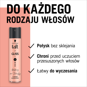 Schwarzkopf Taft x Gliss, różowy lakier do włosów, pionowo, z listą cech: połysk, ochrona, łatwe wyczesywanie.