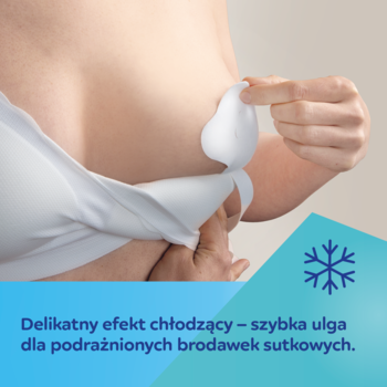 Canpol Babies wkładka hydrożelowa z lanoliną. Kobieta aplikuje miękką wkładkę na pierś, dając chłodzenie.