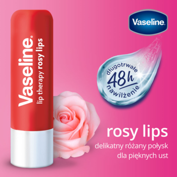 Vaseline Lip Therapy Rosy Lips, czerwony sztyft balsamu na jasnoróżowym tle z różą. Tekst: 48h nawilżenie.