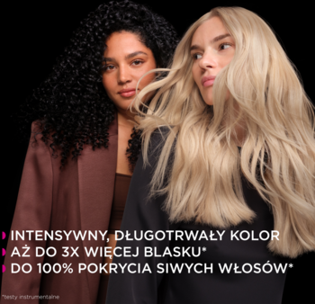 Garnier Olia: dwie kobiety prezentujące intensywny kolor i blask włosów. Tekst o 100% pokryciu siwych włosów.
