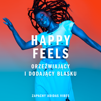 Adidas Vibes Happy Feels, reklama: radosna kobieta tańczy na tle gradientu. Zapach orzeźwiający i poprawiający nastrój.