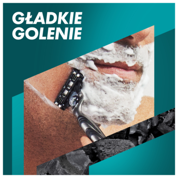 Mężczyzna goli się maszynką Gillette Mach3 Charcoal. Zbliżenie na ostrza, piankę i węgiel. Napis: GŁADKIE GOLENIE.