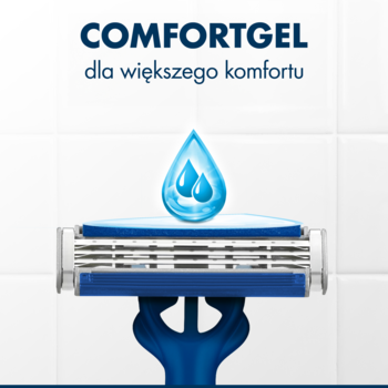 Gillette Blue3 Plus, zbliżenie na niebieską głowicę maszynki z 3 ostrzami i paskiem ComfortGel, napis na górze.