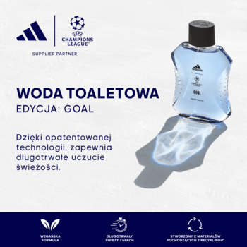 Adidas UEFA Champions League Goal woda toaletowa, jasnoniebieska butelka, widok z przodu na tle z logo i tekstem.