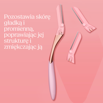 Wilkinson Intuition Dermaglown: różowe narzędzie do dermaplaningu z ergonomiczną rączką i dwoma ostrzami, na różowym tle.
