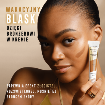 Max Factor Miracle Pure Golden Glow kremowy bronzer w tubce, modelka z efektem złocistej, muśniętej słońcem skóry.