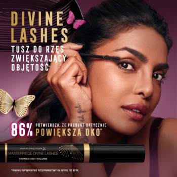 Kobieta aplikuje tusz Max Factor Divine Lashes, optycznie powiększający oko. Widoczna czarno-złota tubka maskary.
