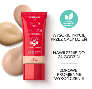 Bourjois Healthy Mix BB Cream 01, czerwona tubka z beżowym dnem. Widoczne próbki i logo wegańskiej formuły.