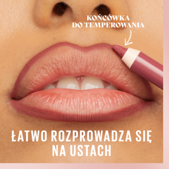 Długotrwała konturówka Maybelline Lifter Liner 005 aplikowana na usta, widoczna temperówka.