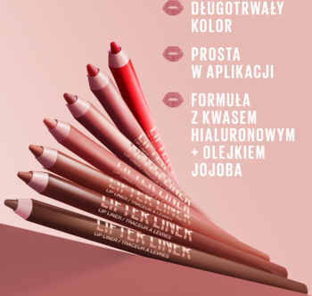 Maybelline Lifter Liner, 6 konturówek do ust w odcieniach nude, różu i czerwieni, ułożone w wachlarz, z widocznym napisem.