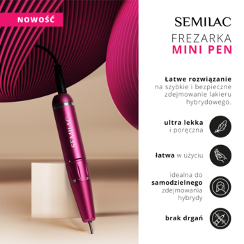 Semilac Mini Pen, profesjonalna frezarka do paznokci w kolorze magenta, pionowo na tle biało-różowym.