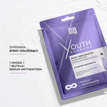 Fioletowa saszetka hydrożelowej maski pod oczy AA Youth Supreme Reset Vibes Booster z efektem chłodzącym.
