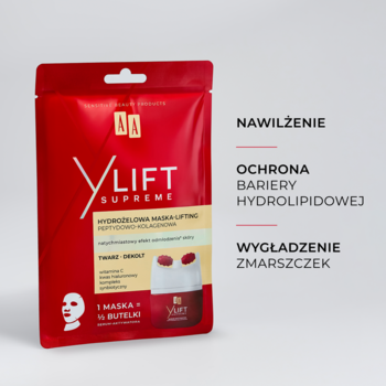 Czerwona saszetka AA Y Lift Supreme hydrożelowej maski liftingującej peptydowo-kolagenowej, przód.