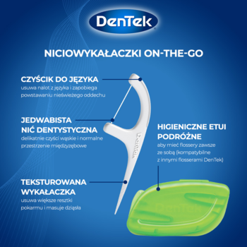 DenTek niciowykałaczki On-The-Go, biała z czyścikiem do języka i zielonym higienicznym etui podróżnym.