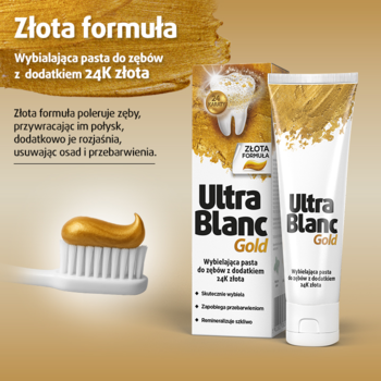 Złota pasta Ultra Blanc Gold na szczoteczce, obok tubka i opakowanie. Wybielająca z 24K złotem.