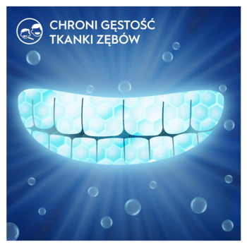 Grafika Oral-B Pro Junior. Uśmiech zęby świecące na niebiesko, struktura plastra miodu, napis: chroni gęstość tkanki zębów.
