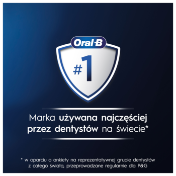 Oral-B #1 w białym godle na granatowym tle. Tekst: Marka najczęściej używana przez dentystów na świecie.