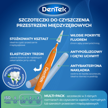 DenTek Easy Brush, szczoteczki międzyzębowe z fluorem, multi-pack, widok na pomarańczowy uchwyt i stożkowe włosie.