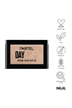 Pastel Daylight Cream Highlighter w beżowym kompakcie, widok z przodu, z certyfikatami cruelty-free i wegan.