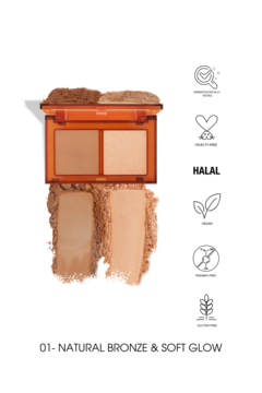 Otwarta paleta Sun Kissed z bronzerem i rozświetlaczem na białym tle z ikonami certyfikatów.