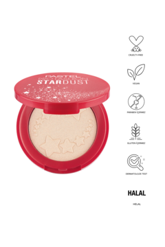 Otwarty czerwony puder rozświetlający Pastel Stardust 320 Vega z wytłoczonymi gwiazdkami; obok ikony cech.