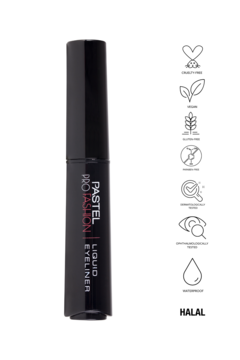Pastel Profashion Liquid Eyeliner: czarny, matowy flakonik z czerwonym napisem, wodoodporny, widok z przodu.