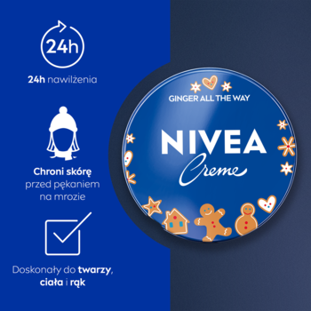 Świąteczna edycja NIVEA Creme, niebieska puszka z piernikami, obok info o 24h nawilżeniu i ochronie przed mrozem.