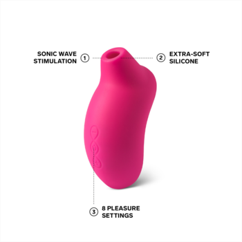 Masażer Lelo SONA w kolorze fuksji, silikonowy, ergonomiczny kształt z otworem, widok pod kątem z opisami cech.