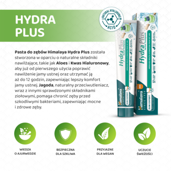 Himalaya Hydra Plus pasta do zębów nawilżająca z aloesem i kwasem hialuronowym w tubce i pudełku, widok reklamowy.