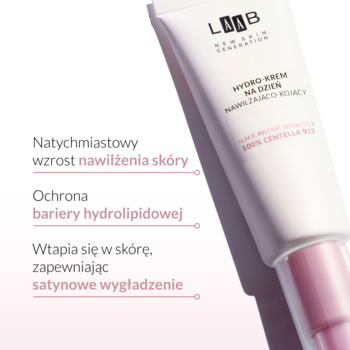 LOOB Hydro Krem Na Dzień Centella B12, biała tubka z różową nakrętką, widok pod kątem z tekstami o nawilżeniu.