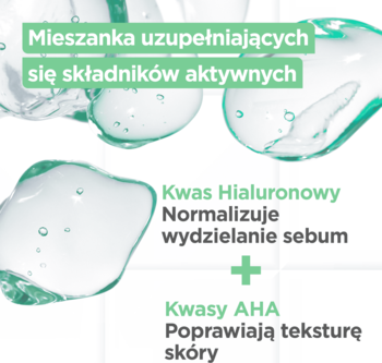Grafika Mixa: Kwas Hialuronowy normalizuje sebum, Kwasy AHA poprawiają teksturę. Klarowne kropelki płynu.
