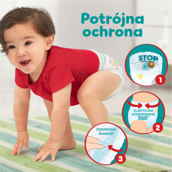 Radosne dziecko w pieluchomajtkach Pampers Pants pełza. Infografiki: Stop & Protect, 360° dopasowanie, podwójny mankiet.