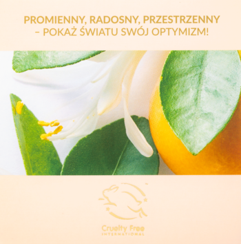 Incandessence Avon, perfumy damskie: cytrusy, zielone liście i białe kwiaty na jasnym tle, logo Cruelty Free.