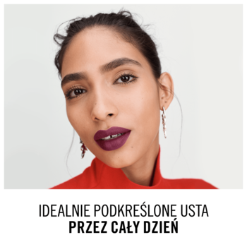 Kobieta z ciemną karnacją i matową, ciemnofioletową szminką. Usta idealnie podkreślone na cały dzień.