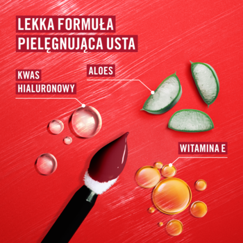 Lekka formuła szminki Rimmel: aloes, kwas hialuronowy, witamina E, w postaci kropel i liści na czerwonym tle.