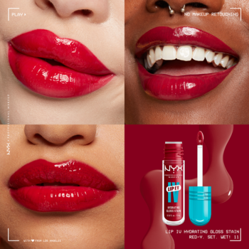 Cztery ujęcia NYX Lip I.V. Hydrating Gloss Red-y.Set.Wet!: trzy pokazują błyszczące czerwone usta, jedno tubkę i aplikator.