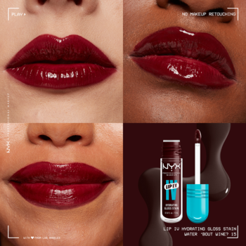 NYX Lip I.V. Hydrating Gloss Water 'bout Wine? błyszczyk, ciemnoczerwony połysk na ustach, widok na opakowanie.