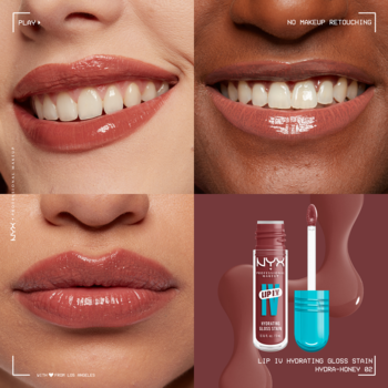NYX Lip I.V. Hydrating Gloss Stain Hydra-Honey na ustach i butelka. Brązowo-czerwony odcień, wysoki połysk.