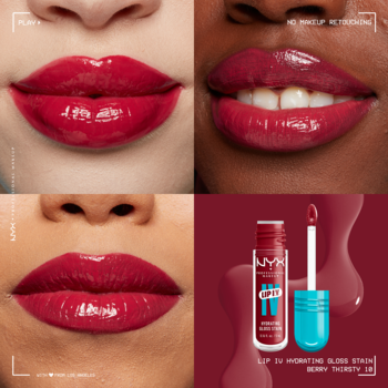 NYX Lip I.V. Hydrating Gloss Berry Thirsty: kolaż, błyszczące usta modelek, produkt z aplikatorem i lśniącą konsystencją.