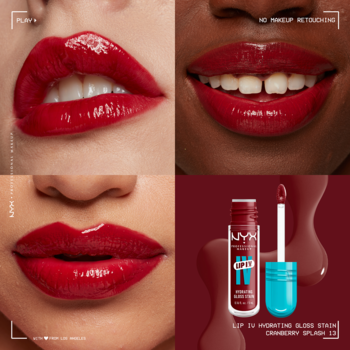 NYX Lip I.V. Hydrating Gloss Cranberry Splash; modelki prezentują lśniące, czerwone usta i zbliżenie produktu.