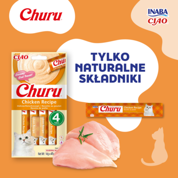 Opakowanie Churu Chicken Recipe, 4 kremowe sosiki dla kota z kurczakiem, obok świeże piersi kurczaka. Naturalne składniki.