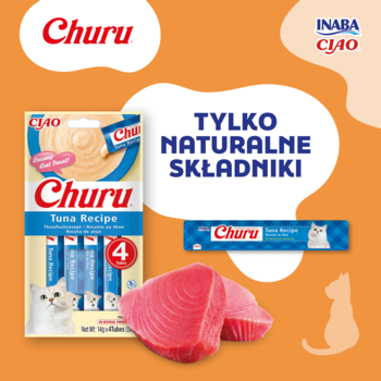 Churu Tuna Recipe, przekąska dla kotów. Opakowanie 4 saszetek, surowy tuńczyk i hasło "Naturalne Składniki".