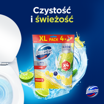 Domestos Power 5 Lime XL 4x kostki WC na niebieskim tle z cytrynową eksplozją i toaletą.