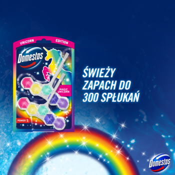 Domestos Power 5 Magic Unicorn zawieszka WC, kolorowe bloki w tęczowym opakowaniu na magicznym tle, do 300 spłukań.