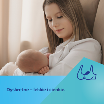 Kobieta karmi piersią, obok grafika: muszle laktacyjne Canpol babies, dyskretne i cienkie kolektory mleka.