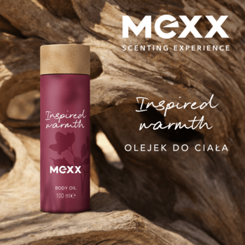 MEXX Inspired Warmth olejek do ciała 100ml, bordowa butelka z drewnianą nakrętką, na tle ciemnego drewna.
