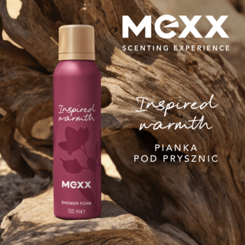 Burgundowa pianka pod prysznic MEXX Inspired Warmth 150ml na tle drewna, widoczny napis Scenting Experience.