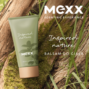 MEXX Inspired Nature balsam do ciała 200ml, zielona tuba na tle mchu i drewna z liśćmi.