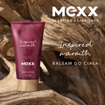 Bordowa tubka balsamu MEXX Inspired Warmth Body Lotion 150ml z drewnopodobną podstawą, na tle jasnego drewna.